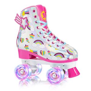 sulifeel rainbow unicorn roller skates for girls light up wheels womens quad skates with high top reflective tpu leather rainbow