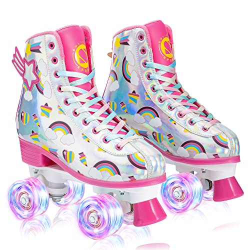 SULIFEEL Rainbow Unicorn Roller Skates for Girls Light up Wheels Womens Quad Skates with High Top Reflective TPU Leather Rainbow