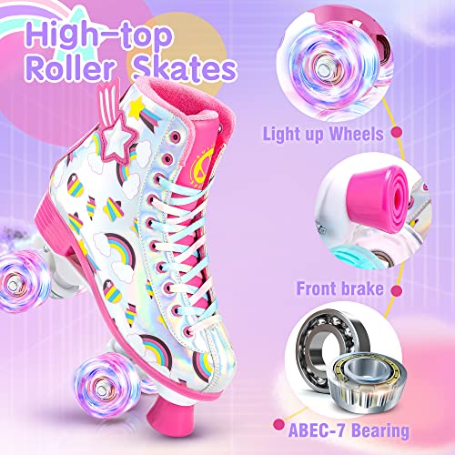 SULIFEEL Rainbow Unicorn Roller Skates for Girls Light up Wheels Womens Quad Skates with High Top Reflective TPU Leather Rainbow