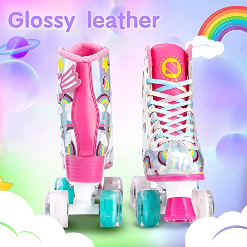 SULIFEEL Rainbow Unicorn Roller Skates for Girls Light up Wheels Womens Quad Skates with High Top Reflective TPU Leather Rainbow