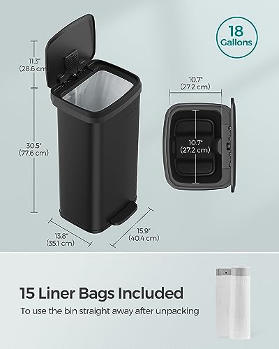 SONGMICS Kitchen Trash Can, 18-Gallon Stainless Steel Garbage Can, with Stay-Open Lid and Step-on Pedal, Soft Closure, Tall, Large and Space-Saving, Black ULTB520B68