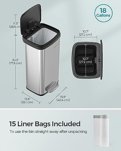 SONGMICS Kitchen Trash Can, 18-Gallon Stainless Steel Garbage Can, with Stay-Open Lid and Step-on Pedal, Soft Closure, Tall, Large and Space-Saving, Silver and Black ULTB520E68