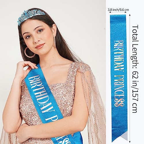 CIEHER Princess Crown and Birthday Sash Set, Blue Birthday Crown Birthday Girl Crown Birthday Tiara for Women Birthday Decorations for Girls Happy Birthday Accessories Birthday Gifts