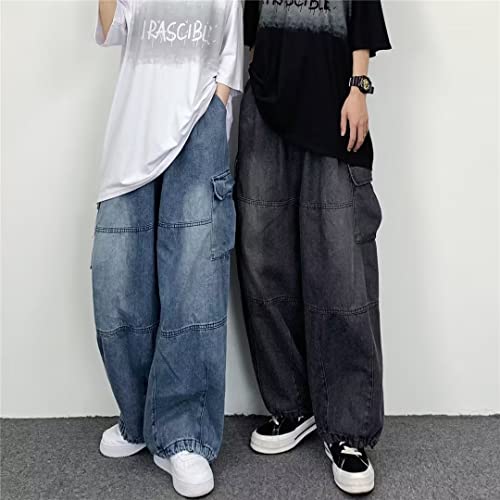 Women's Grunge Baggy Jeans Y2K Wide Leg Cargo Denim Pant Emo Fairycore High Waist Jogger Sweatpants Alt Punk Clothing (Blue,XL)