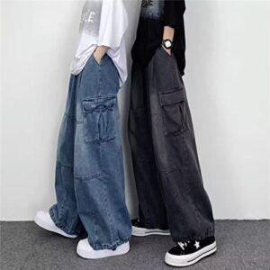 Women's Grunge Baggy Jeans Y2K Wide Leg Cargo Denim Pant Emo Fairycore High Waist Jogger Sweatpants Alt Punk Clothing (Blue,XL)