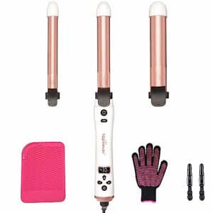 3 in 1 auto rotating curling iron - top4ever automatic hair curler with interchangeable curling wand (0.75", 1", 1.25"), adjustable temp, instant heat hair styling hot tools for all hair types