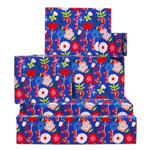 central 23 floral wrapping paper - 6 sheet of gift wrap - 21st wrapping paper for her women girls - blue red - for girlfriend - age 21 - comes with fun stickers