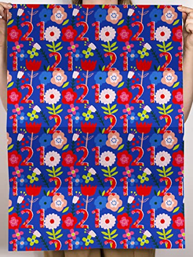 CENTRAL 23 Floral Wrapping Paper - 6 Sheet of Gift Wrap - 21st Wrapping Paper for Her Women Girls - Blue Red - For Girlfriend - Age 21 - Comes with Fun Stickers