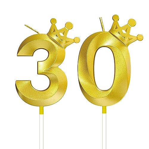 Number 30 Birthday Candle 3D Crown Designed 30th Cake Topper Decorations for Thirty Year Old Happy Birthday Candles Anniversaries (Crown-30, Gold)