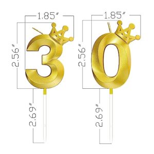 Number 30 Birthday Candle 3D Crown Designed 30th Cake Topper Decorations for Thirty Year Old Happy Birthday Candles Anniversaries (Crown-30, Gold)