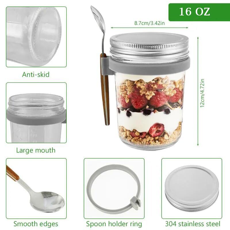 HALURE Overnight Oats Containers with Lids and Spoons, Pack of 2 – 500ml Meal Prep Containers for Yogurt, Fruit Salad, Chia, Cereal, Milk, Oats Overnight – Gray