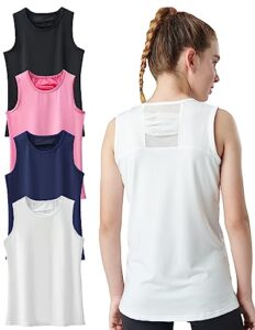 4 pack youth girls athletic tank tops dry fit active performance tech sleeveless shirts (set 2, medium)