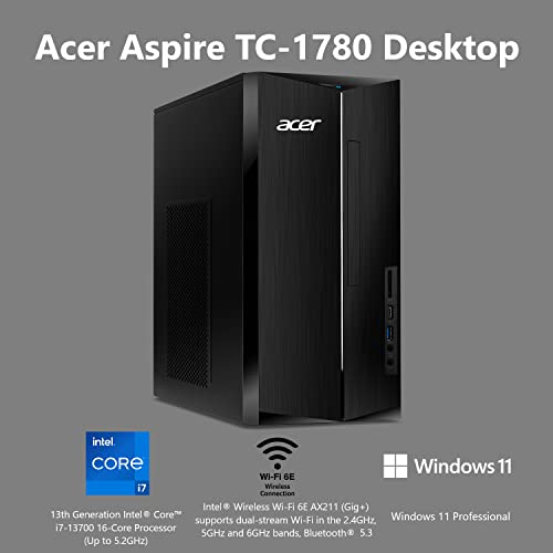 acer Aspire TC-1780-UR12 Desktop | 13th Gen Intel Core i7-13700 16-Core Processor | 16GB 3200MHz DDR4 | 512GB M.2 PCIe Gen 4 SSD | 1TB HDD | SD Card Reader | Intel Wi-Fi 6E AX211 | Win 11 Pro,Black