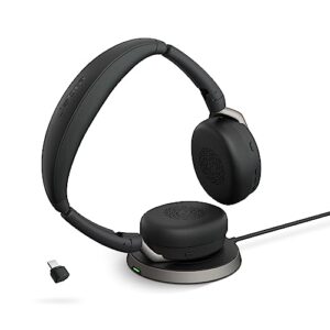 jabra evolve2 65 flex stereo headset with bluetooth, wireless charging pad - noise-cancelling clearvoice technology & hybrid active noise cancellation - certified for microsoft teams - black