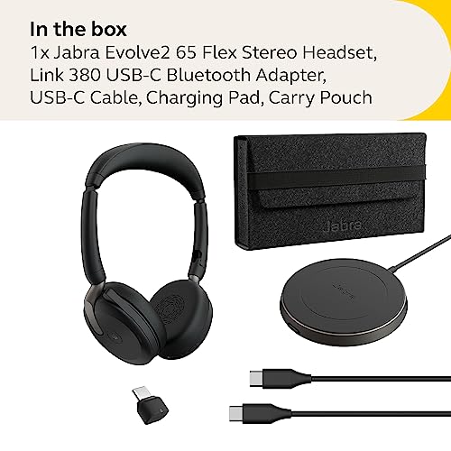 Jabra Evolve2 65 Flex Stereo Headset with Bluetooth, Wireless Charging Pad - Noise-Cancelling ClearVoice Technology & Hybrid Active Noise Cancellation - Certified for Microsoft Teams - Black