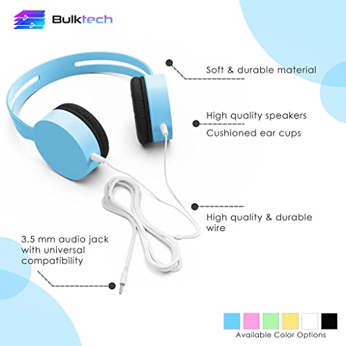 Bulktech 728 Stereo Headset for Kids, Children and Teens - Tangle-Free Wired Cord On-Ear Headphones with 3.5mm Jack for Smartphones, Tablets, School, Kindle, Airplane Travel - 1 Pack Blue