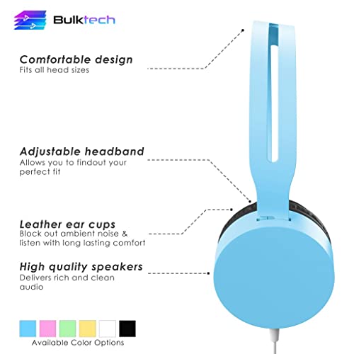 Bulktech 728 Stereo Headset for Kids, Children and Teens - Tangle-Free Wired Cord On-Ear Headphones with 3.5mm Jack for Smartphones, Tablets, School, Kindle, Airplane Travel - 1 Pack Blue