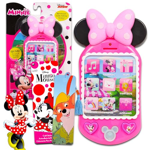 Minnie Mouse Toy Phone for Girls - Bundle with Minnie Mouse Cell Phone Toy with Sound Buttons Plus Bookmark and Stickers | Minnie Mouse Phone for Toddler Girls