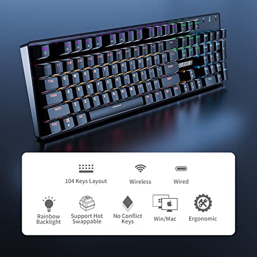 Newmen GM335 Mechanical Keyboard Wireless,USB C Wired/2.4Ghz Rechargeable Rainbow LED Backlit Gaming Keyboard,104 Key Hot Swappable Mechanical Keyboard for Mac Windows PC Laptop Brown Switch