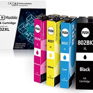 Msudoku 802XL Ink Cartridges Remanufactured Replacement for Epson 802 Ink Cartridges Combo Pack 802XL T802XL T802 Use with Workforce Pro WF-4730 WF-4740 WF-4734 Printers（4 Pack）