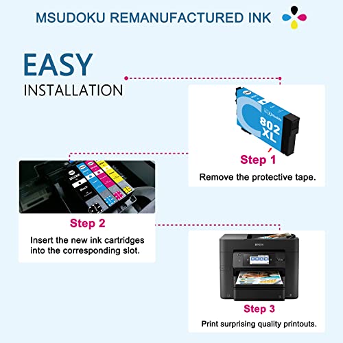 Msudoku 802XL Ink Cartridges Remanufactured Replacement for Epson 802 Ink Cartridges Combo Pack 802XL T802XL T802 Use with Workforce Pro WF-4730 WF-4740 WF-4734 Printers（4 Pack）