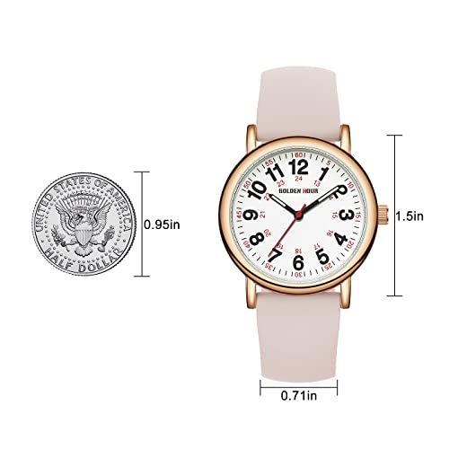 GOLDEN HOUR Waterproof Nurse Watch for Medical Professionals, Students Women Men - Military Time Luminouse Easy Read Dial, 24 Hour with Second Hand, Colorful Silicone Band in Rose Gold Champagne