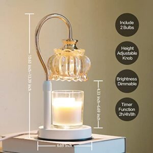 Ligxiza Candle Warmer Lamp with 2 Bulbs: Vintage Candles Warming Lamp with Timer, Electric Top Melting Wax Warmer Lantern, Adjustable Height Dimmable Glass Jar Candle Warm Light Melter White