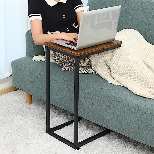 Fixwal C-Shaped End Table, Side Tables Couch Table, Side Table, Snack Table for Living Bedroom Coffee Snack Laptop, Rustic Brown, Couch Table