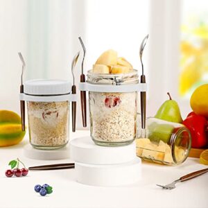 ZCXQM Overnight Oats Containers with Spoon and Fork, 2 Pack 10 oz Mason Jars with Lids for Overnight Oats, Breakfast On the Go Cups Reusable for Milk, Cereal, Fruit(White)
