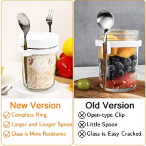 ZCXQM Overnight Oats Containers with Spoon and Fork, 2 Pack 10 oz Mason Jars with Lids for Overnight Oats, Breakfast On the Go Cups Reusable for Milk, Cereal, Fruit(White)