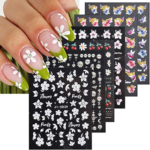 5D Flowers Nail Art Stickers, 6 Sheets Self Adhesive Nail Decals Spring Daisy Nail Art Design Cherry Blossom Stickers for Acrylic Nails Gold Bronzing Pegatinas Uñas Nail Stickers for Women