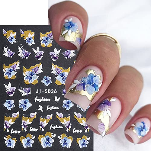 5D Flowers Nail Art Stickers, 6 Sheets Self Adhesive Nail Decals Spring Daisy Nail Art Design Cherry Blossom Stickers for Acrylic Nails Gold Bronzing Pegatinas Uñas Nail Stickers for Women