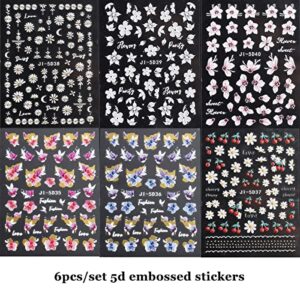 5D Flowers Nail Art Stickers, 6 Sheets Self Adhesive Nail Decals Spring Daisy Nail Art Design Cherry Blossom Stickers for Acrylic Nails Gold Bronzing Pegatinas Uñas Nail Stickers for Women