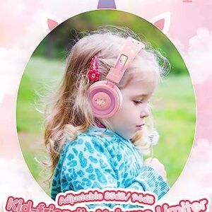 SIMJAR Unicorn Headphones with Microphone for School, Unicorn Rubber Band Included, Volume Limiter 85/94dB, Wired Foldable Girls Headphones for Online Learning/Travel/Tablet/iPad (Pink)
