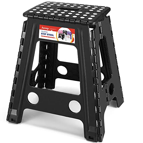 ACSTEP Folding Step Stool 17.5 Inch Stool Heavy Duty Plastic Foldable Step Stools for Adults and Kids, Stepping Stool with Handle, Folding Stool Suitable for Kitchen Hold Up to 400lbs (Black 1PC)