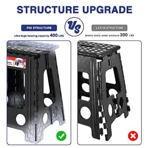 ACSTEP Folding Step Stool 17.5 Inch Stool Heavy Duty Plastic Foldable Step Stools for Adults and Kids, Stepping Stool with Handle, Folding Stool Suitable for Kitchen Hold Up to 400lbs (Black 1PC)