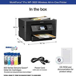 Epson Workforce Pro WF-3820 Wireless All-in-One Color Inkjet Printer, Black - Print Scan Copy Fax - 4800 x 2400 dpi, 21 ppm, 8.5 x 14, 35-Sheet ADF, Auto 2-Sided Printing, WiFi Direct, USB, Ethernet