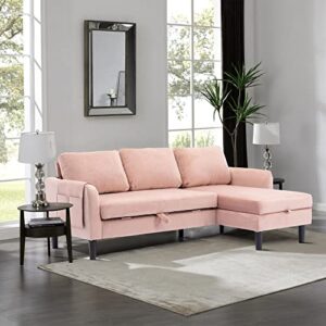 peihonget sleeper sectional sofa, 72.44" velvet l-shape 3 seat with pull out bed, sectional sofa couch with storage chaise living room bedroom apartment(pink)