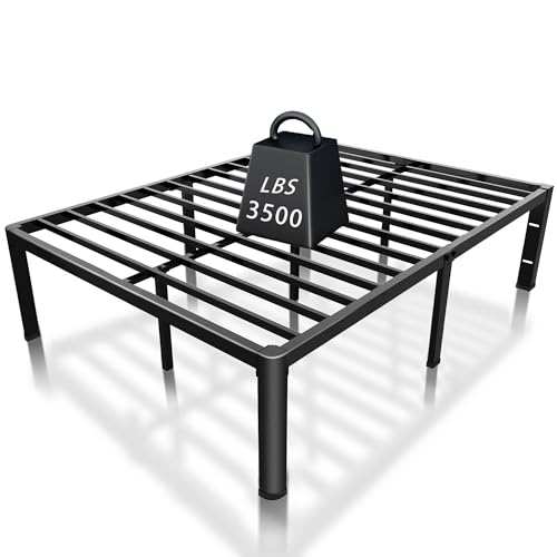 ROIL 14 inch Full Size Bed Frame with Headboard Hole and Round Corner Legs Mattress Retainers 3500LBS Heavy Duty Steel Slats No Box Spring Needed Platform Noise-Free Underneath Storage