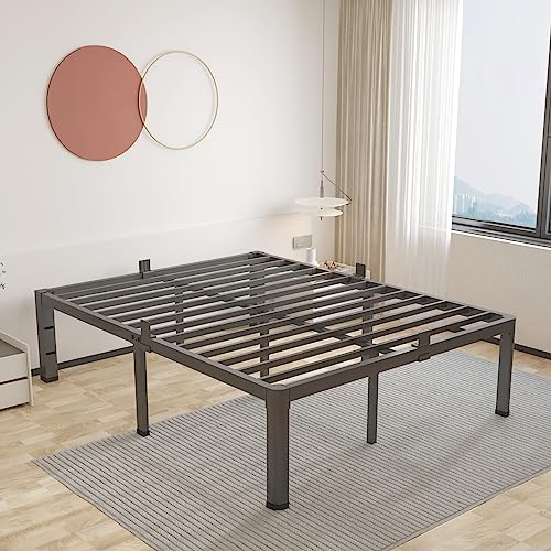 ROIL 14 inch Full Size Bed Frame with Headboard Hole and Round Corner Legs Mattress Retainers 3500LBS Heavy Duty Steel Slats No Box Spring Needed Platform Noise-Free Underneath Storage