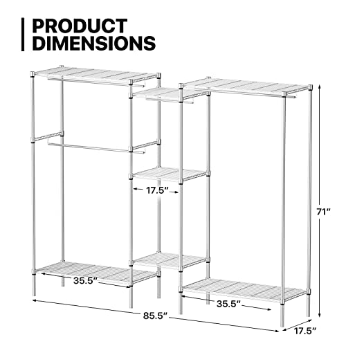 MoNiBloom Clothes Rack Heavy Duty 85.5 Inch Tall Garment Rack for Hanging Clothes, Metal Clothing Rack, Compact Freestanding Wardrobe Closet with 4 Hang Rods for Home Bedroom, Load 1000 lbs