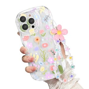 newseego for iphone 14 pro max case, cute colorful flower curly wave clear case with lovely flower bracelet chain for women girls soft tpu shockproof protective case cover for iphone 14 pro max