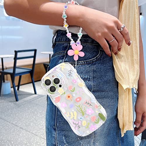 Newseego for iPhone 14 Pro Max Case, Cute Colorful Flower Curly Wave Clear Case with Lovely Flower Bracelet Chain for Women Girls Soft TPU Shockproof Protective Case Cover for iPhone 14 Pro Max