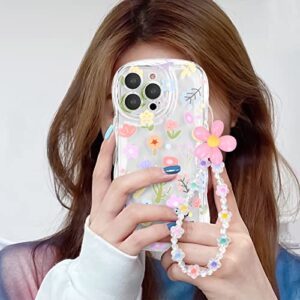 Newseego for iPhone 14 Pro Max Case, Cute Colorful Flower Curly Wave Clear Case with Lovely Flower Bracelet Chain for Women Girls Soft TPU Shockproof Protective Case Cover for iPhone 14 Pro Max