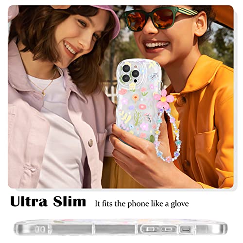 Newseego for iPhone 14 Pro Max Case, Cute Colorful Flower Curly Wave Clear Case with Lovely Flower Bracelet Chain for Women Girls Soft TPU Shockproof Protective Case Cover for iPhone 14 Pro Max