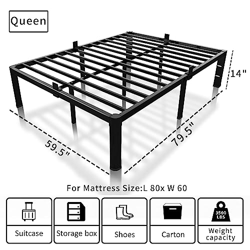 ROIL 14 inch Metal Queen Bed Frame with Rounded Corner and Headboard Hole Mattress Retainers 3500LBS Heavy Duty Steel Slats No Box Spring Needed Platform Noise-Free Easy Assembly