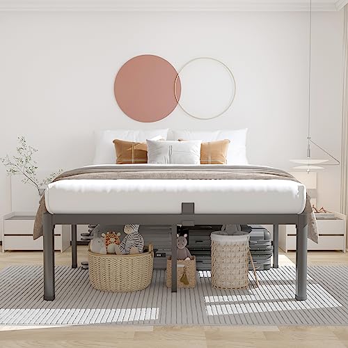 ROIL 14 inch Metal Queen Bed Frame with Rounded Corner and Headboard Hole Mattress Retainers 3500LBS Heavy Duty Steel Slats No Box Spring Needed Platform Noise-Free Easy Assembly