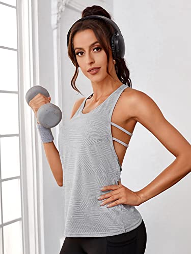 SweatyRocks Women's Activewear Cut Out Back Workout Tank Top Sleeveless Athletic Yoga Tops Light Grey M