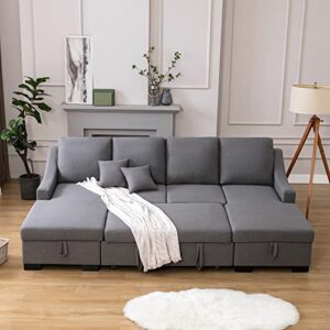 Merax Upholstery Sectional Sofa Sleeper Sectional Couch Pull-Out Sofa Bed,U Shape Sectional Sofa with Double Storage Spaces and 2 Tossing Cushions for Living Room