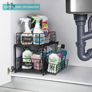 Upgraded Under Sink Organizers and Storage, Pull Out Under Bathroom Cabinet Organizer with A Extra Multiple Functional Basket, Sliding Out Closet Organizer Basket, Height Between 2 Drawers: 10.36in